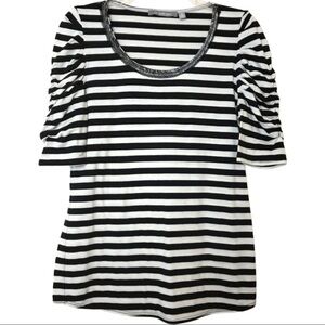 NY Collection Black White Stripe Top Embellished Neckline Size M